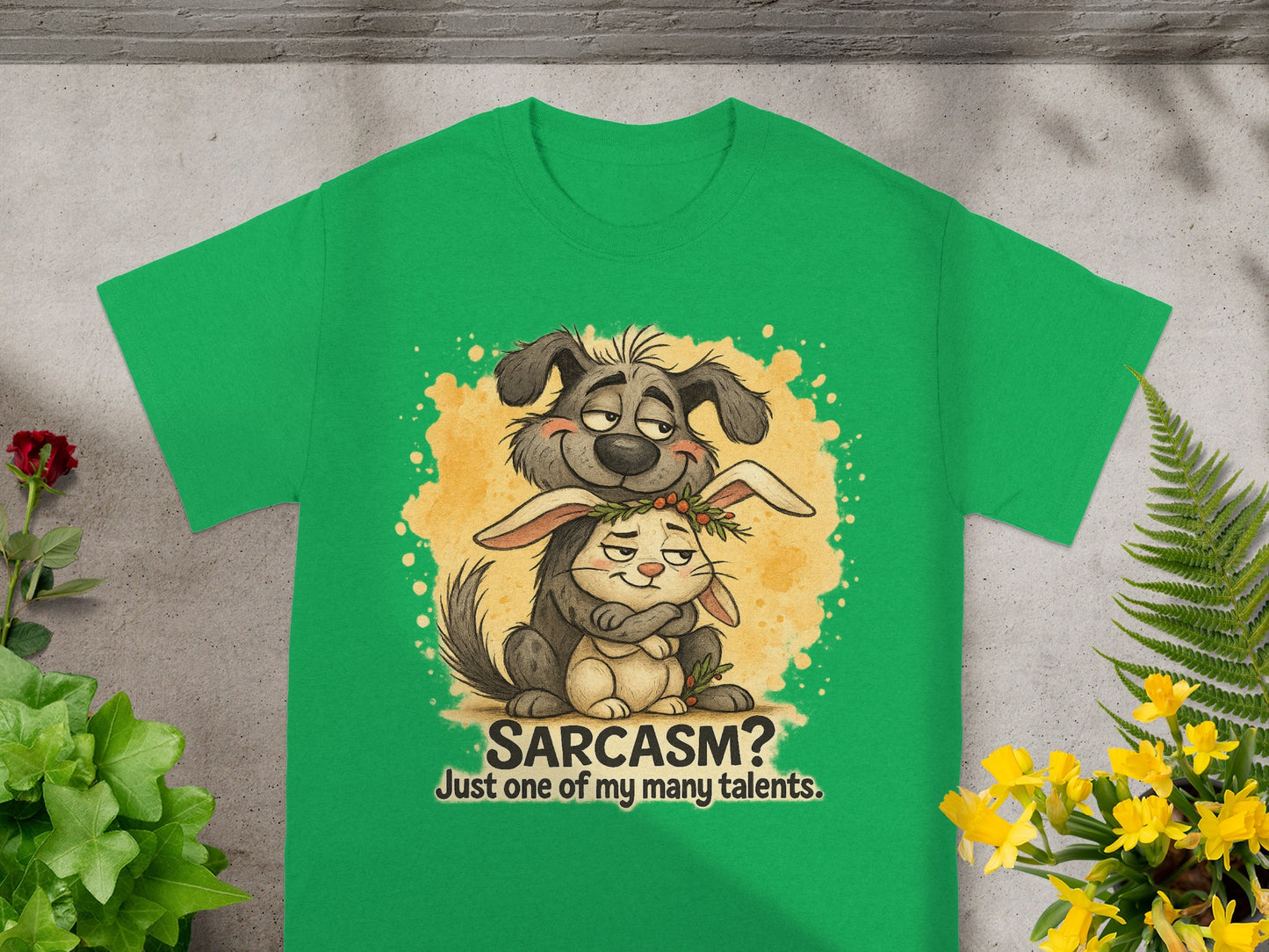 Green t-shirt with cartoon dog and rabbit; text reads "SARCASM? Just one of my many talents."