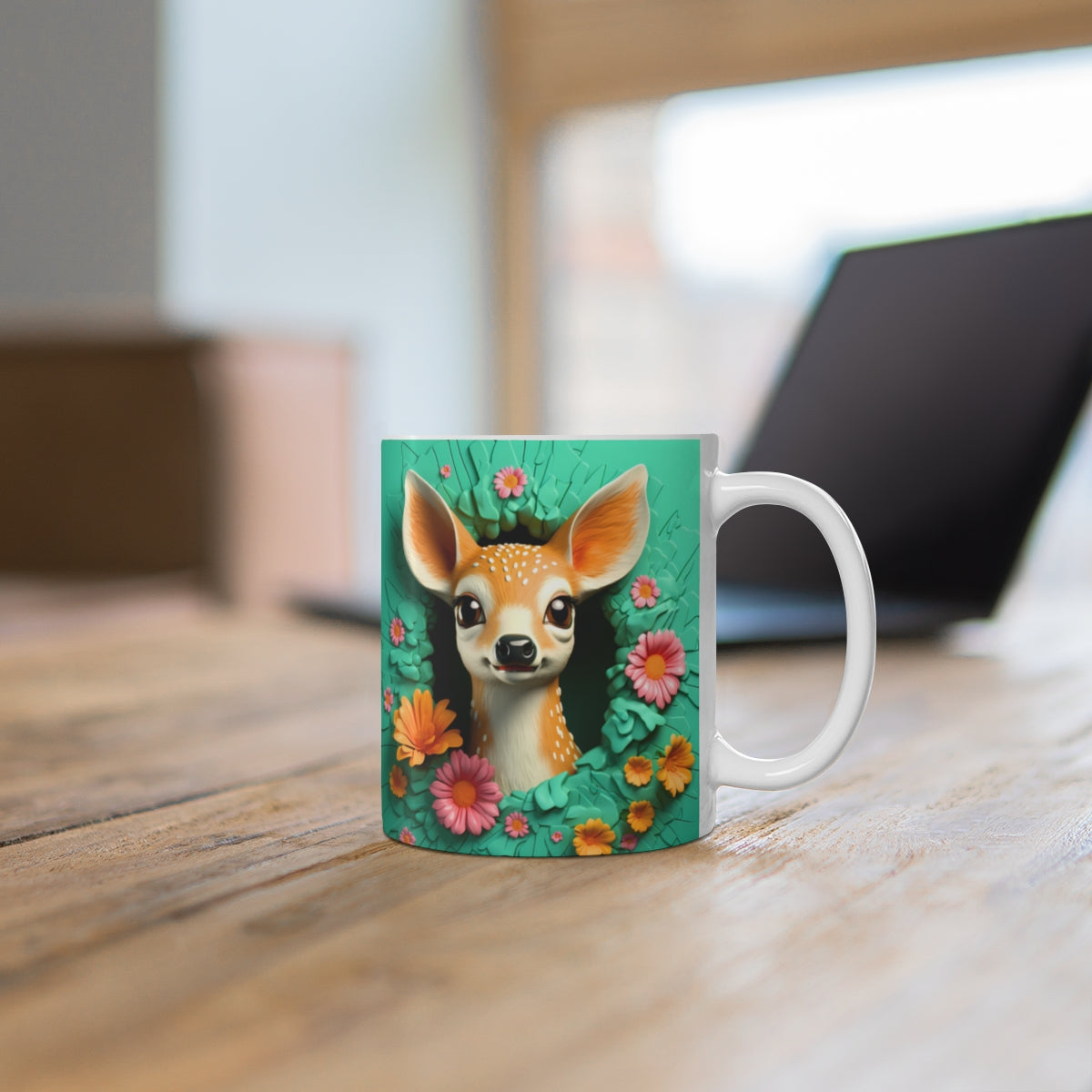 Cute Deer with Floral Frame Design Coffee Mug