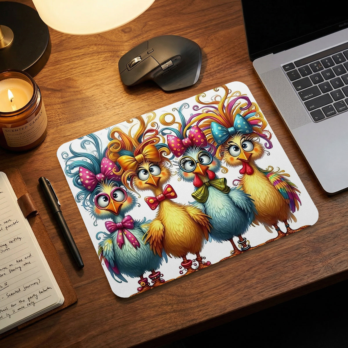 Rectangular mousepad featuring a colorful illustration of four whimsical cartoon chickens wearing bows on a wooden desk.