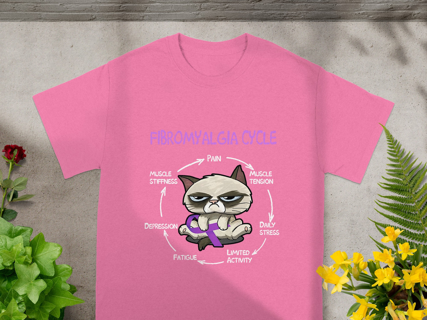 Fibromyalgia Cycle Cat Funny Graphic Pink T-Shirt