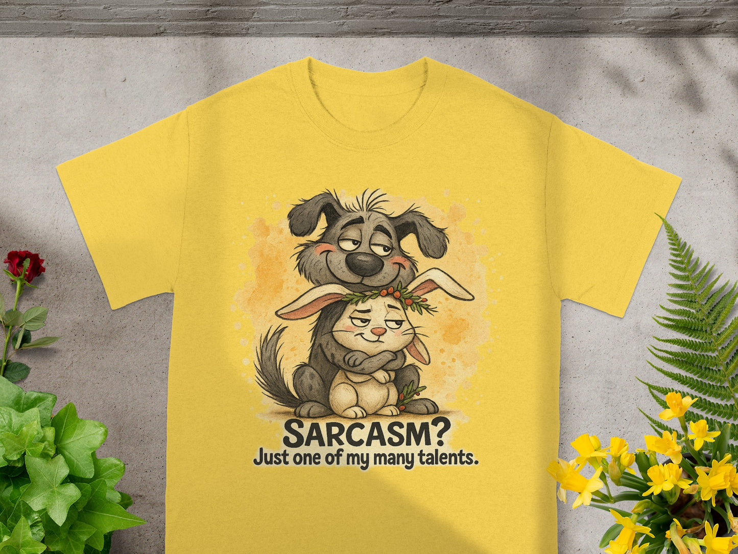 Yellow t-shirt with cartoon dog hugging rabbit and text "SARCASM? Just one of my many talents."