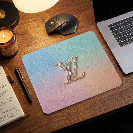 Mousepad with glittery gold double L logo on gradient background.