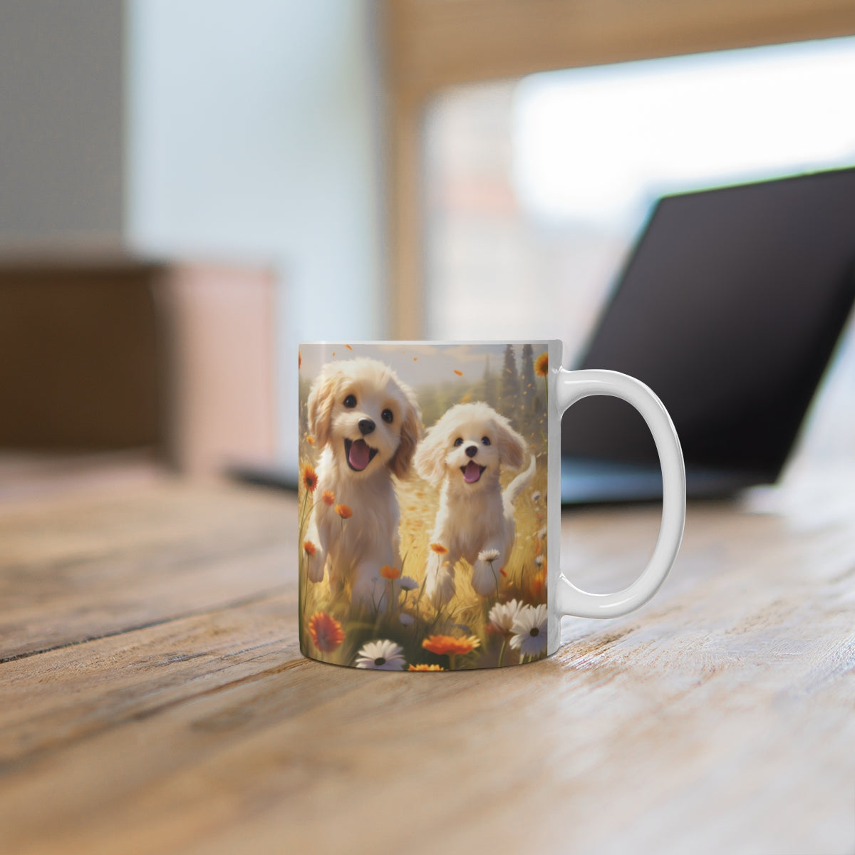 Playful Puppies Amidst Flowers Design Mug