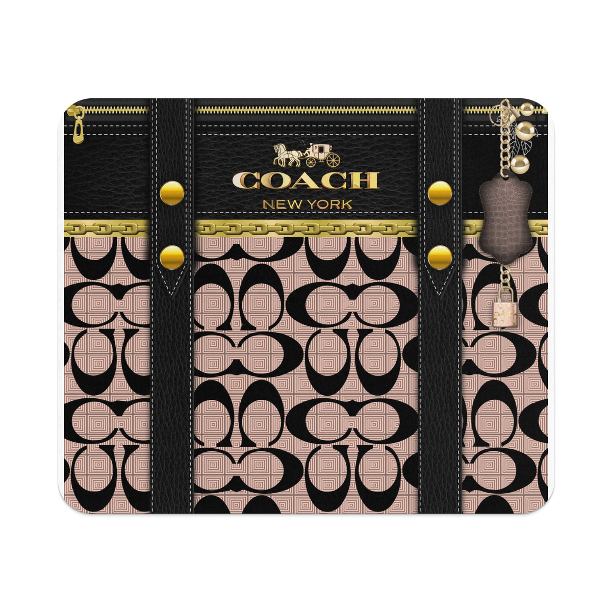 Coach pattern clutch with gold zipper, buckle straps, and keychain charms.