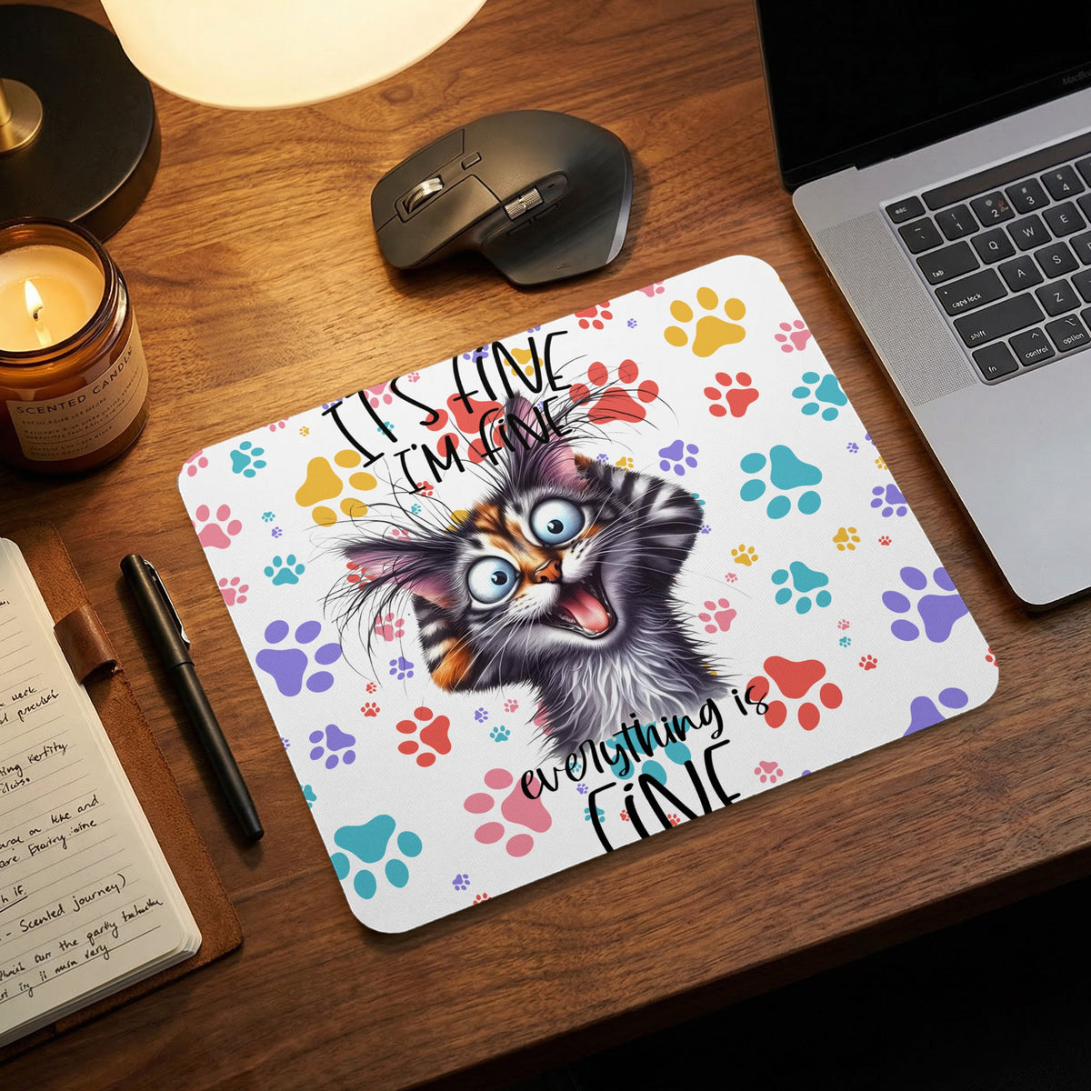 A mousepad featuring a frantic cat illustration and colorful paw prints rests on a wooden desk.