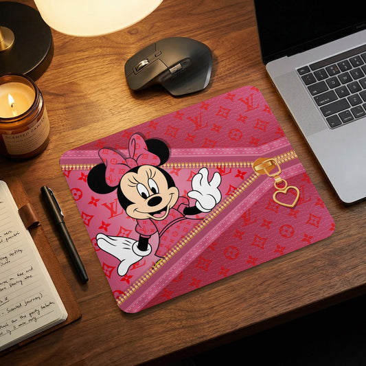 Minnie Mouse mousepad with LV-inspired pattern, zipper, and heart charm.