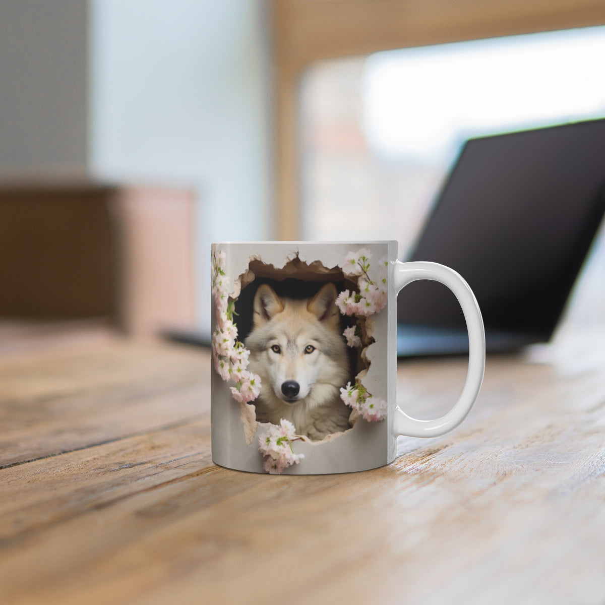 Wolf Face Through Floral Design on Ceramic Mug