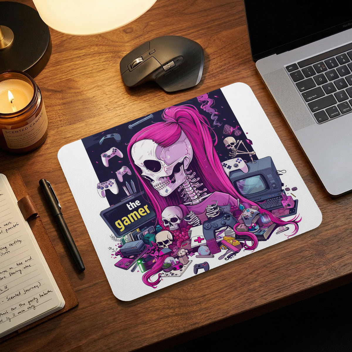 A white gaming mouse pad featuring a colorful anime skeleton illustration with pink hair and gaming accessories.