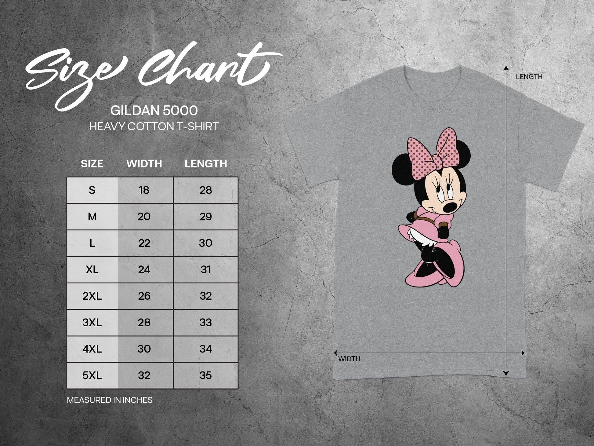 Minnie Mouse T-Shirt Gildan 5000 Size Chart Measured In Inches product type