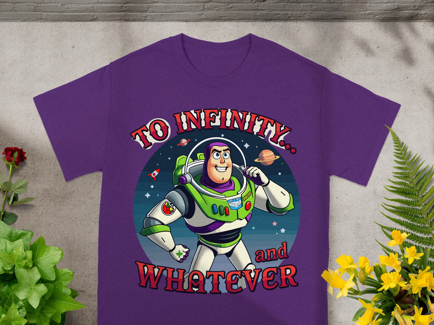 Buzz Lightyear graphic on purple t-shirt with text "To Infinity... and Whatever".