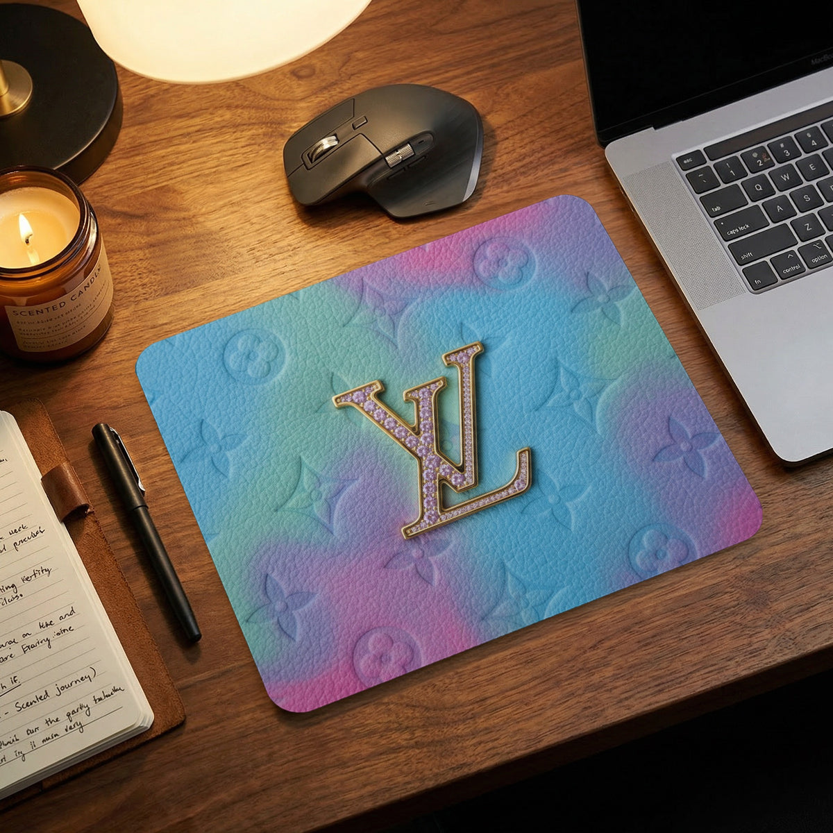 Mousepad with gold LV logo and pastel gradient monogram pattern.