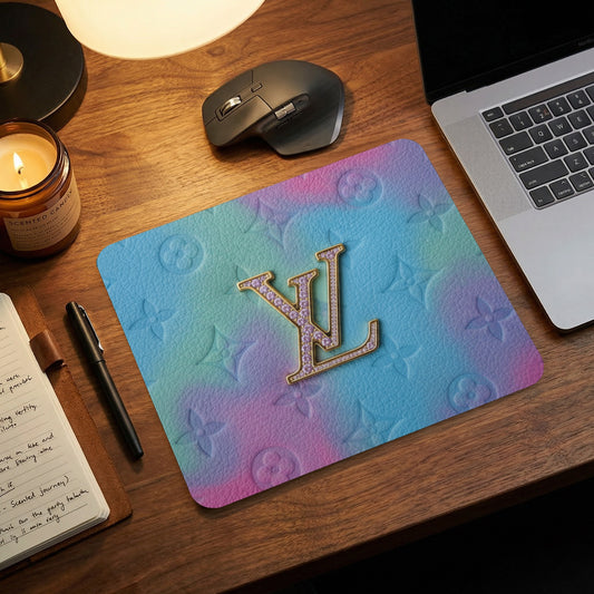 Mousepad with gold LV logo and pastel gradient monogram pattern.