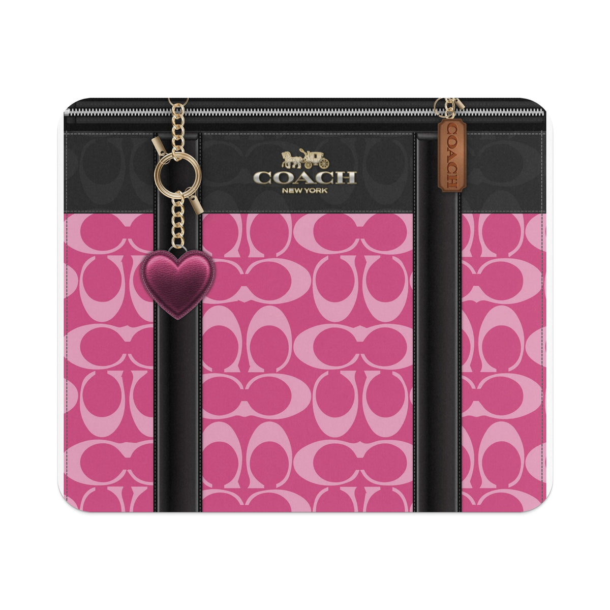 Coach bag with pink C monogram, black leather accents, zipper, and heart charm.