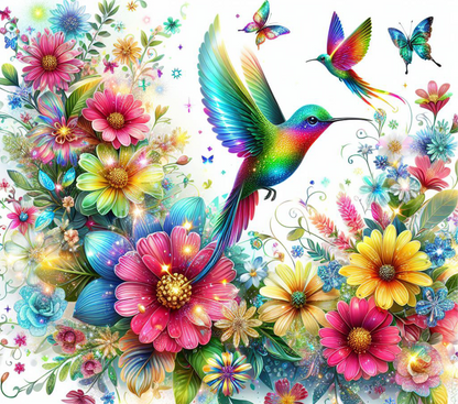 Brightly Colored Flowers and Hummingbird Tumbler